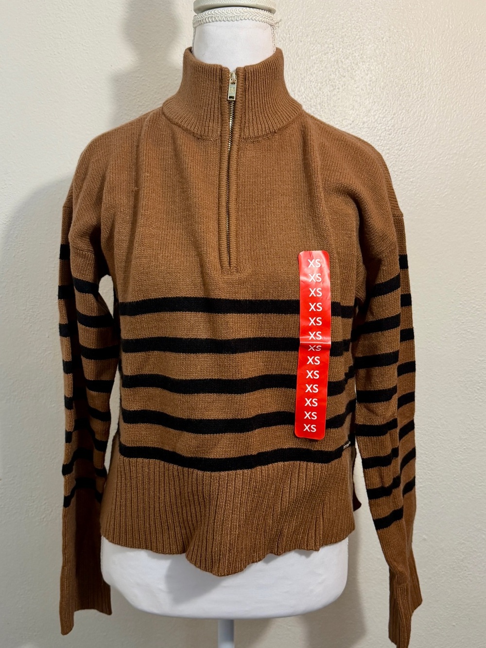 DKNY Brown and Black Striped Half-Zip Turtleneck Sweater